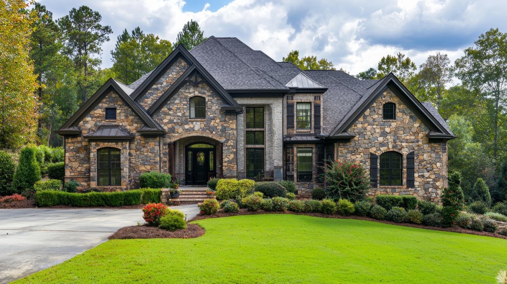 Luxury Estate with Fieldstone Facade Dark Trim and Professional Manicured Landscaping.jpg